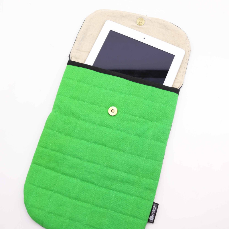 Pochette rembourrée pour ordinateur portable - Vert grenouille - Délavage à la pierre 14 oz