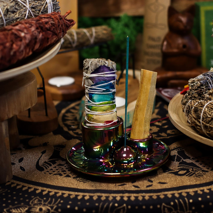 Bâtonnet de Palo Santo et porte-savon - Mandala - Arc-en-ciel métallique