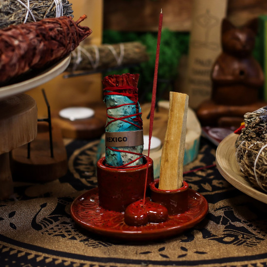 Bâtonnet de Palo Santo et porte-sablage - Mandala - Rouge avec cœur brillant