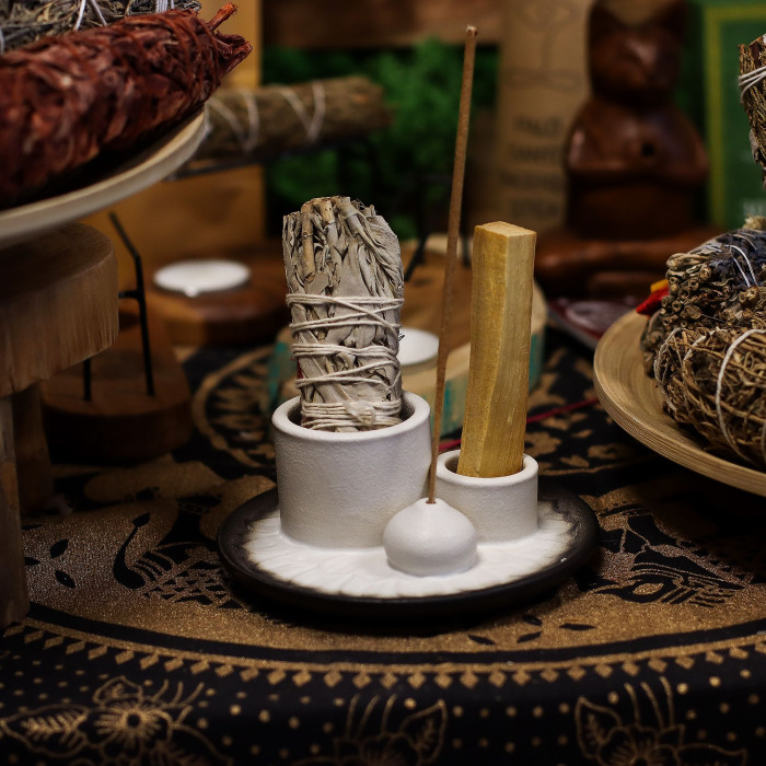 Porte-bâtonnets et bâtonnets de Palo Santo - Mandala - Blanc et gris