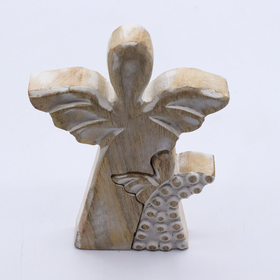 Ange en bois de manguier en forme d'ange - Blanchi à la chaux