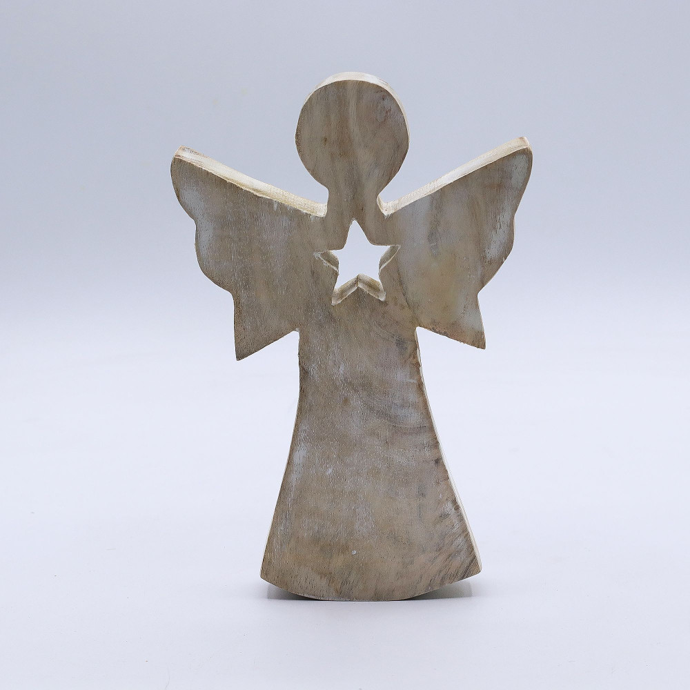 Ange en bois de manguier - Blanchi à la chaux avec découpe en étoile