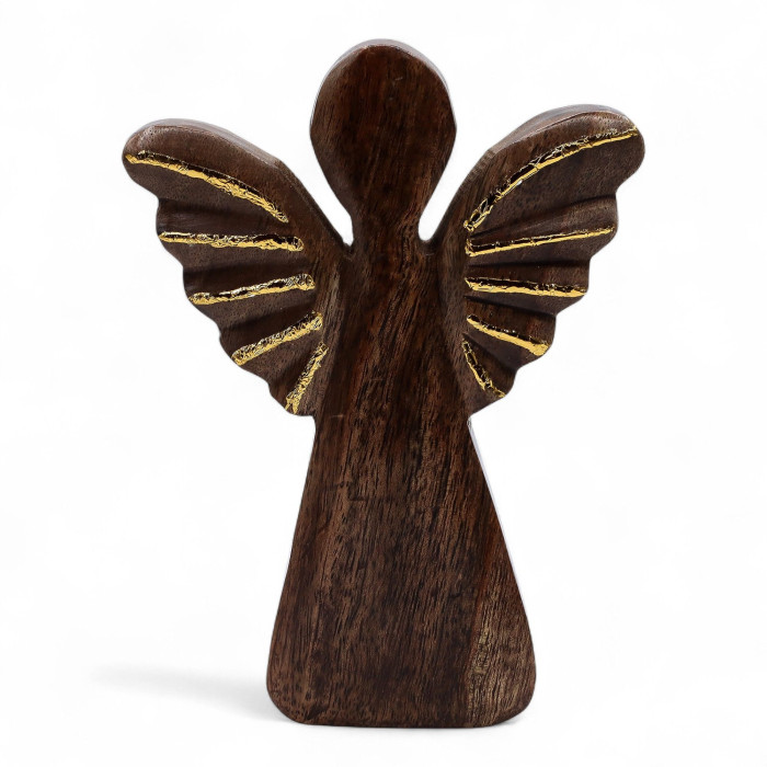 Grand ange en bois de manguier - Décor doré