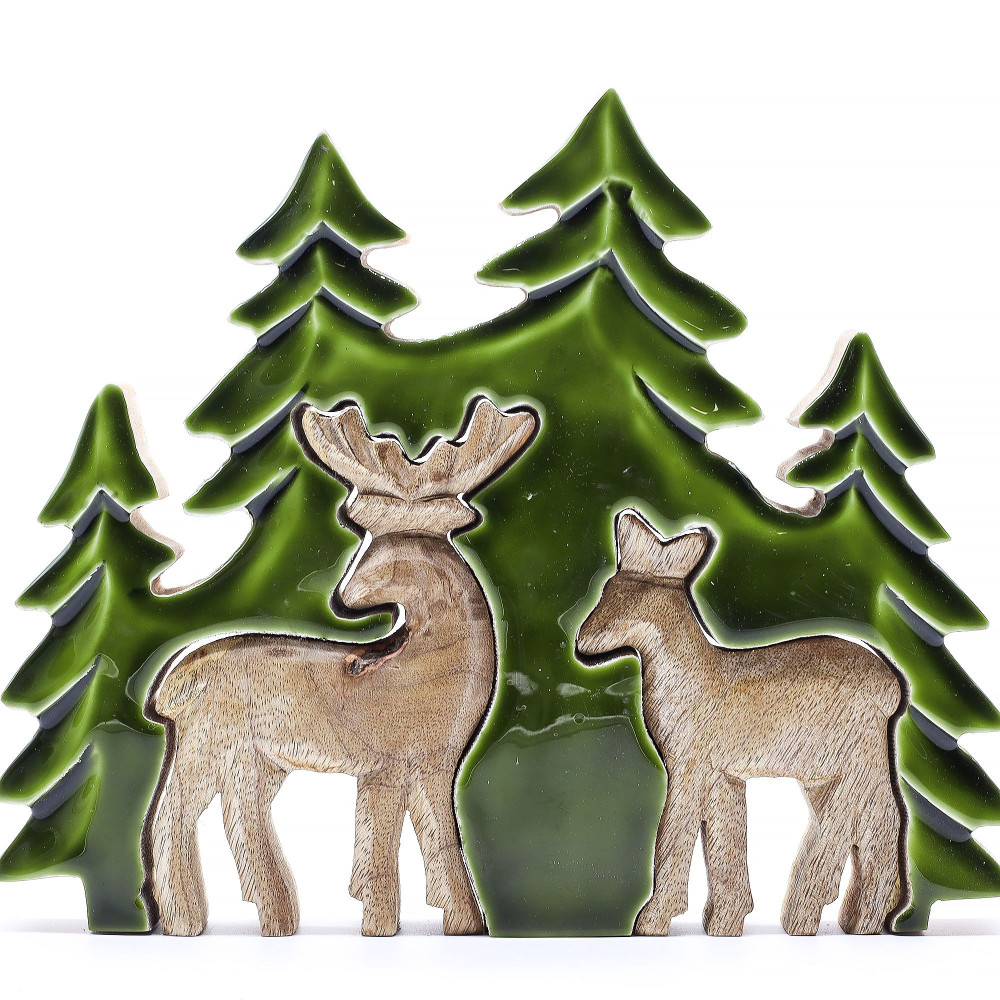 Perdu dans la forêt - Deux chers dans la forêt Décoration en bois 3D - 18x23cm
