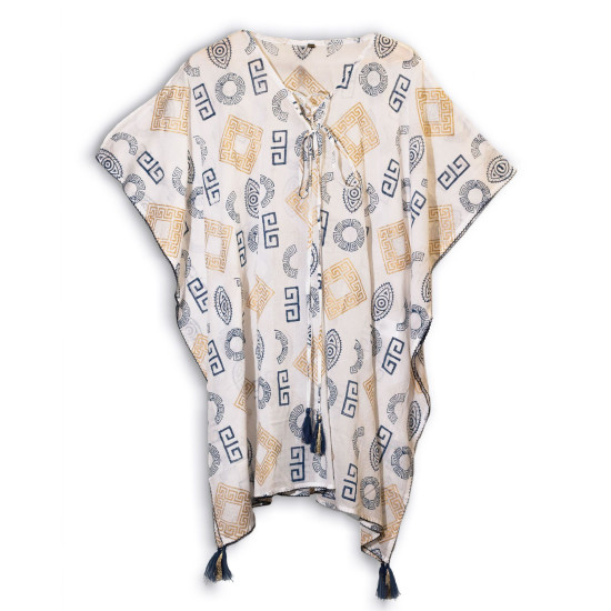 Sari nomade de la collection Med - Kaftan - Motif grec doré et bleu - Peint à la main