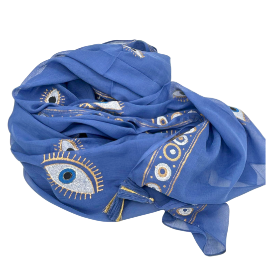 Sari Nomad On the Med Collection - Pario - Motif œil maléfique peint à la main bleu riche et or