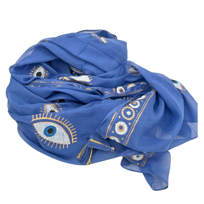 Sari Nomad On the Med Collection - Pario - Motif œil maléfique peint à la main bleu riche et or