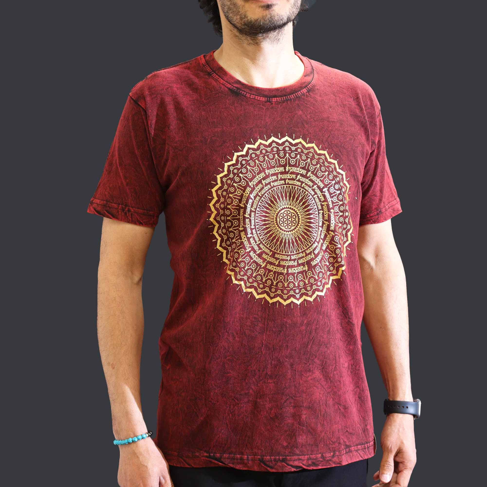 T-shirt délavé à la pierre de taille moyenne - Mandala - Bordeaux
