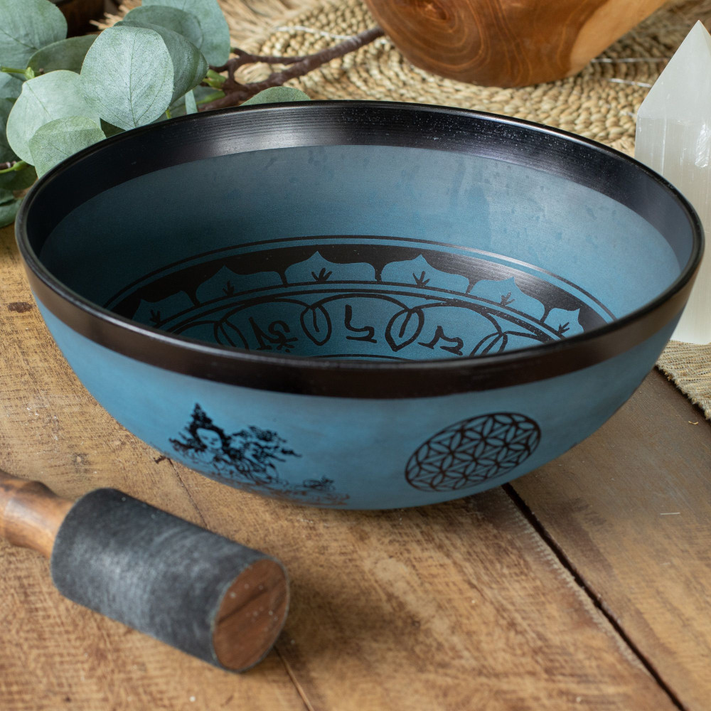 Grand bol chantant en aluminium - Motif tibétain double Dorjy - Bleu (27 cm)