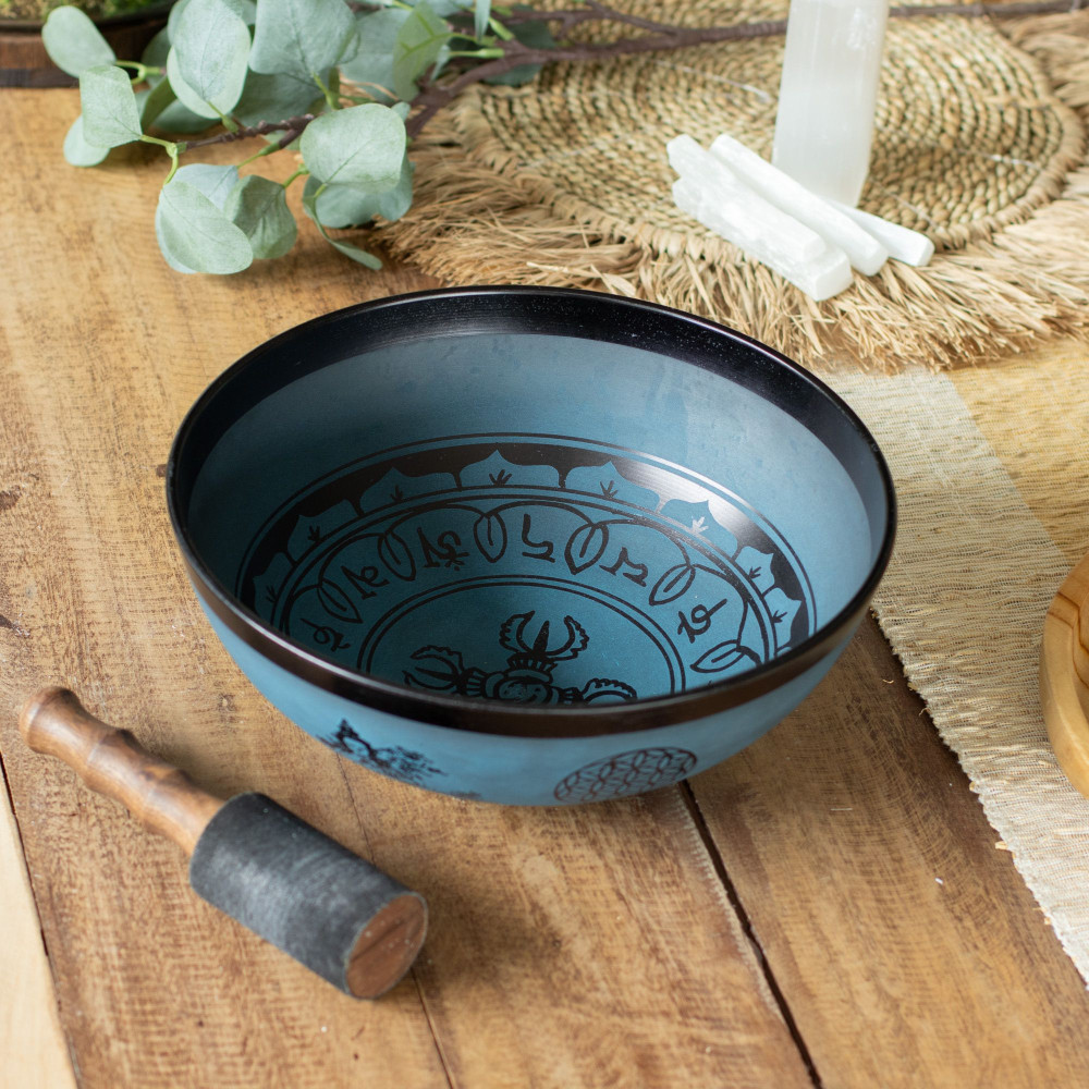 Grand bol chantant en aluminium - Motif tibétain double Dorjy - Bleu (27 cm)