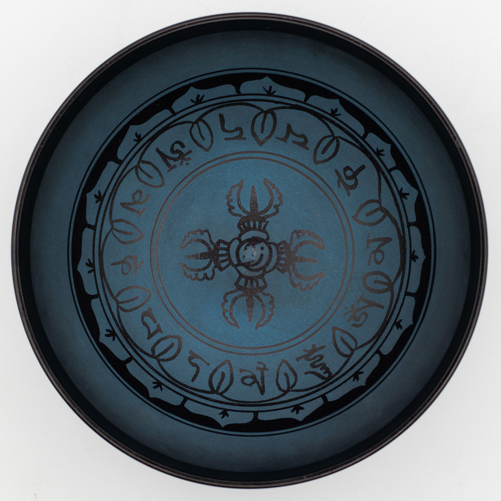 Grand bol chantant en aluminium - Motif tibétain double Dorjy - Bleu (27 cm)