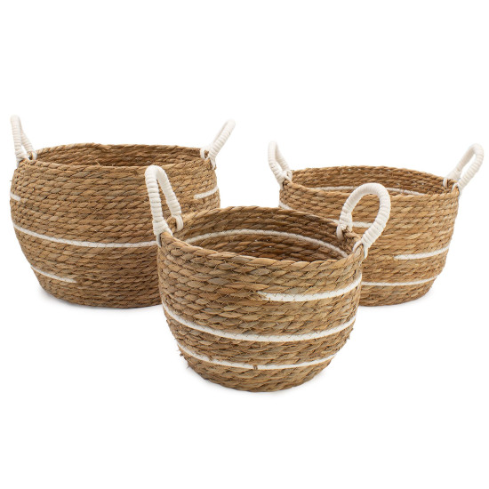 Grands paniers en coton et jonc de mer - Rayures naturelles - Lot de 3