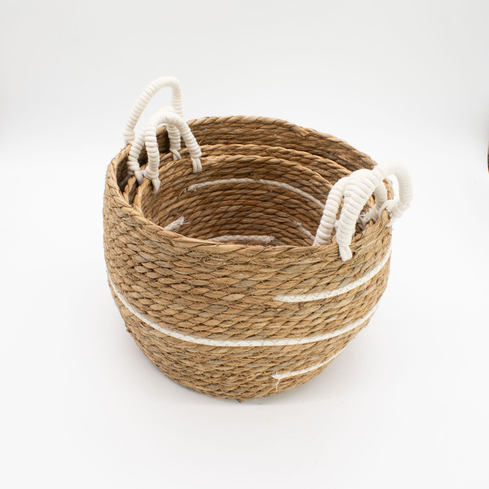 Grands paniers en coton et jonc de mer - Rayures naturelles - Lot de 3