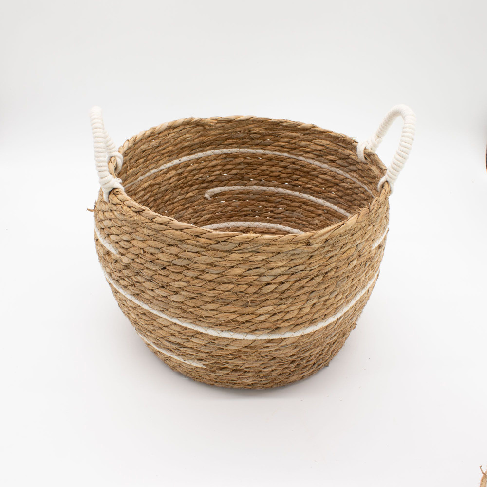 Grands paniers en coton et jonc de mer - Rayures naturelles - Lot de 3