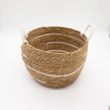 Grands paniers en coton et jonc de mer - Rayures naturelles - Lot de 3