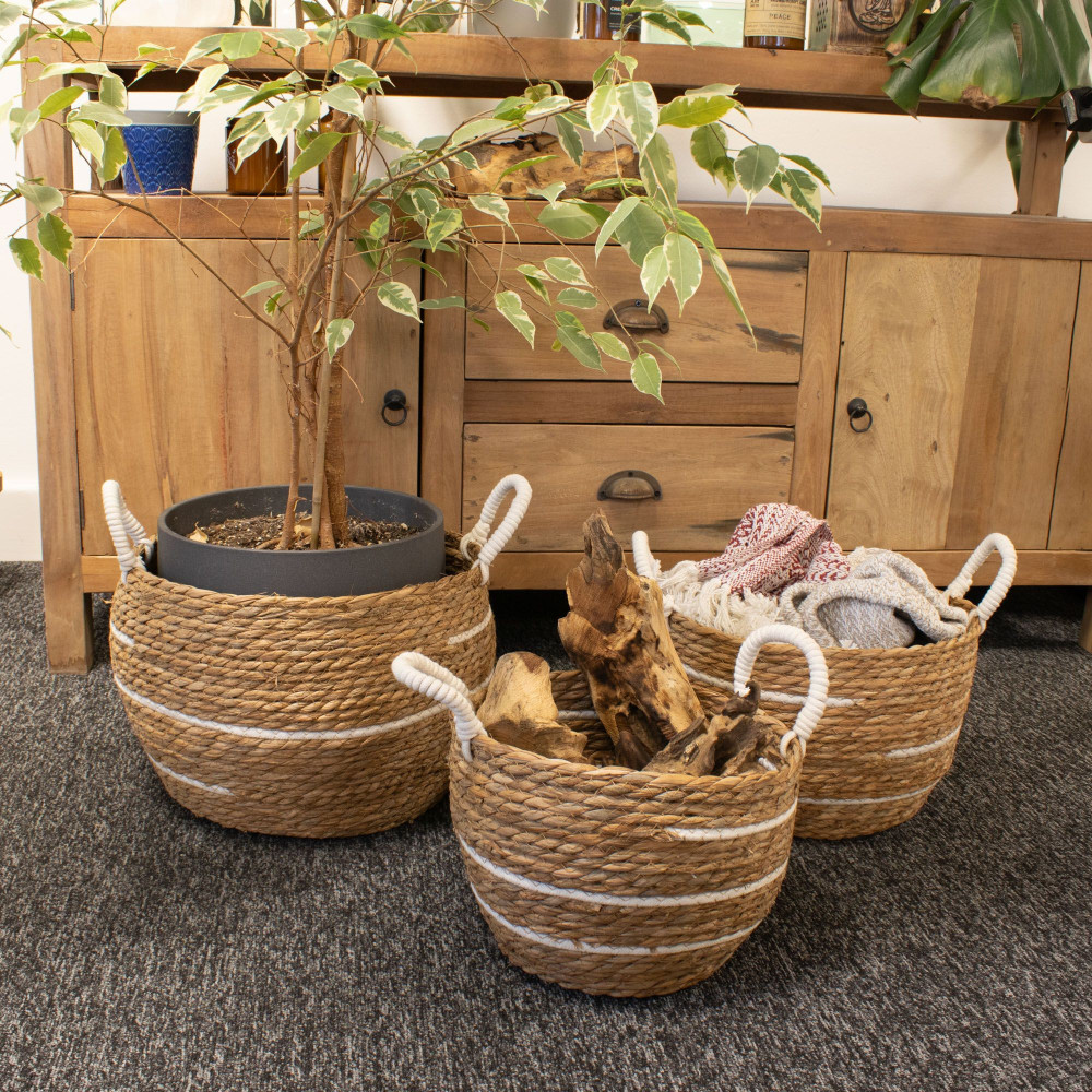 Grands paniers en coton et jonc de mer - Rayures naturelles - Lot de 3