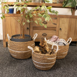 Grands paniers en coton et jonc de mer - Rayures naturelles - Lot de 3