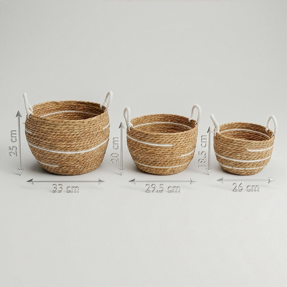 Grands paniers en coton et jonc de mer - Rayures naturelles - Lot de 3