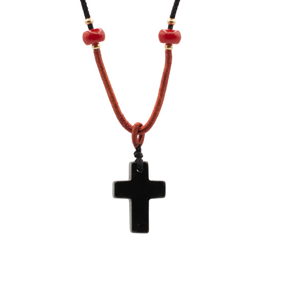 Collier cordon avec pendentif en pierre précieuse - Croix en agate noire