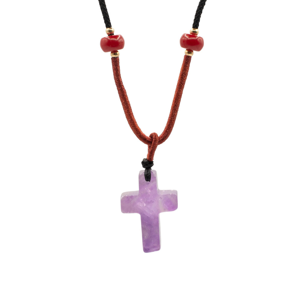 Collier cordon avec pendentif en pierre précieuse - Croix d'améthyste