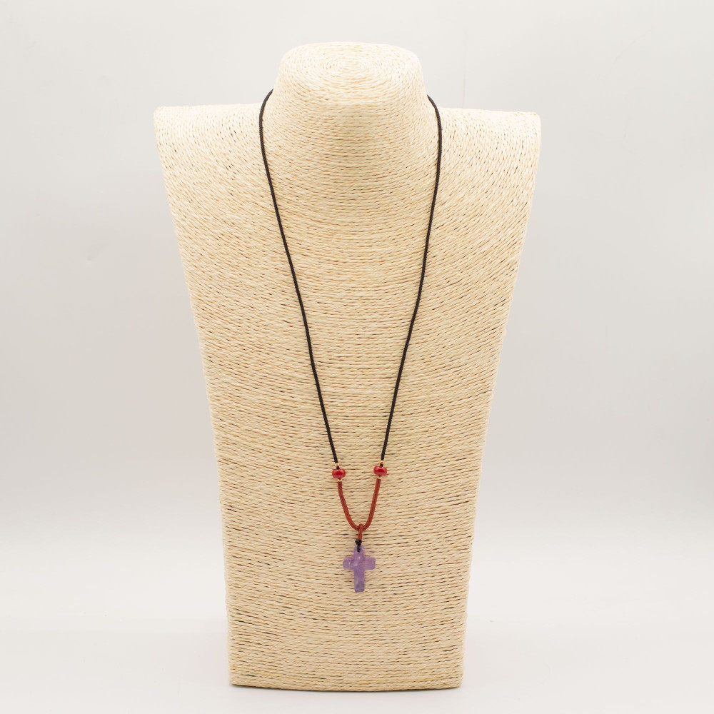Collier cordon avec pendentif en pierre précieuse - Croix d'améthyste