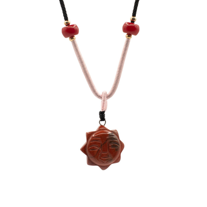 Collier cordon avec pendentif en pierre précieuse - Cornaline visage de soleil
