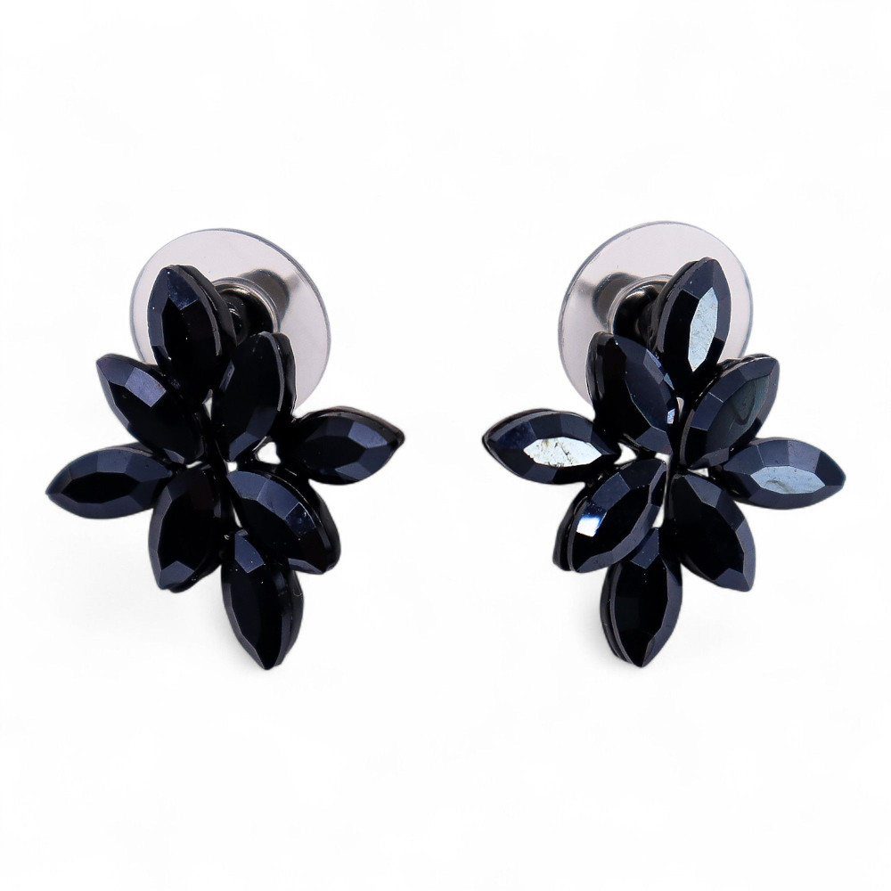 Noir de jais - Verre vintage - Fleurs - Boucles d'oreilles