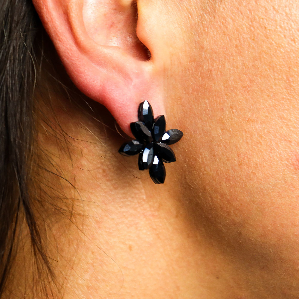 Noir de jais - Verre vintage - Fleurs - Boucles d'oreilles