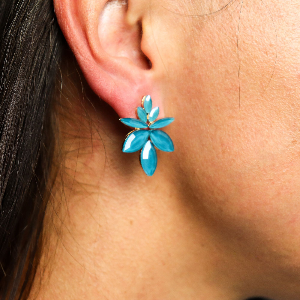 Boucles d'oreilles en verre vintage vert turquoise à fleurs