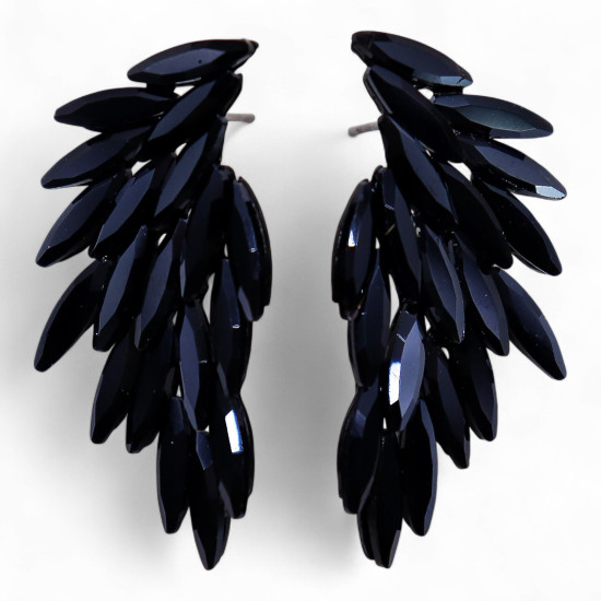Boucles d'oreilles en verre vintage noir de jais, ailes d'ange.