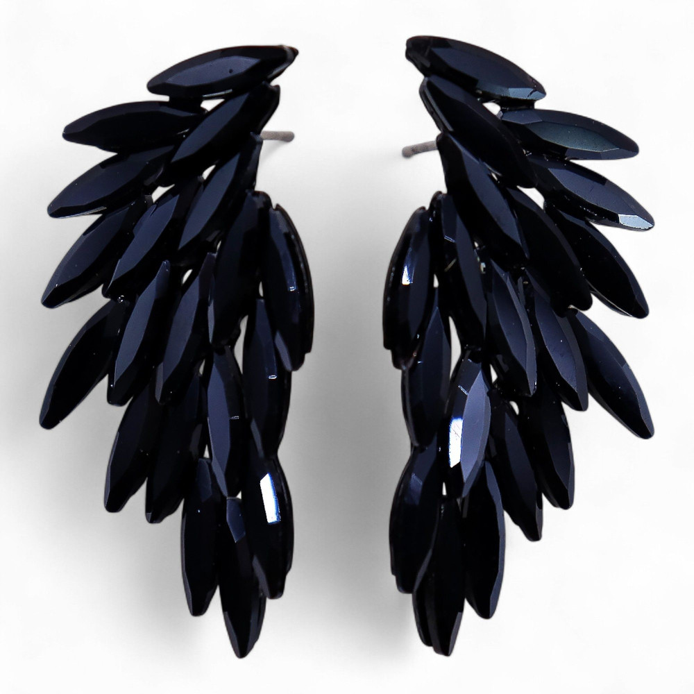 Boucles d'oreilles en verre vintage noir de jais, ailes d'ange.