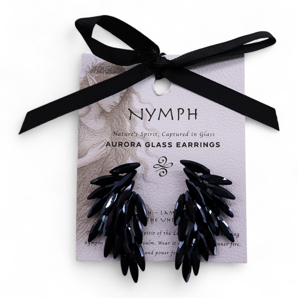 Boucles d'oreilles en verre vintage noir de jais, ailes d'ange.