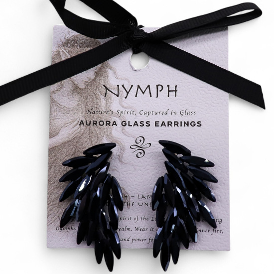 Boucles d'oreilles en verre vintage noir de jais, ailes d'ange.