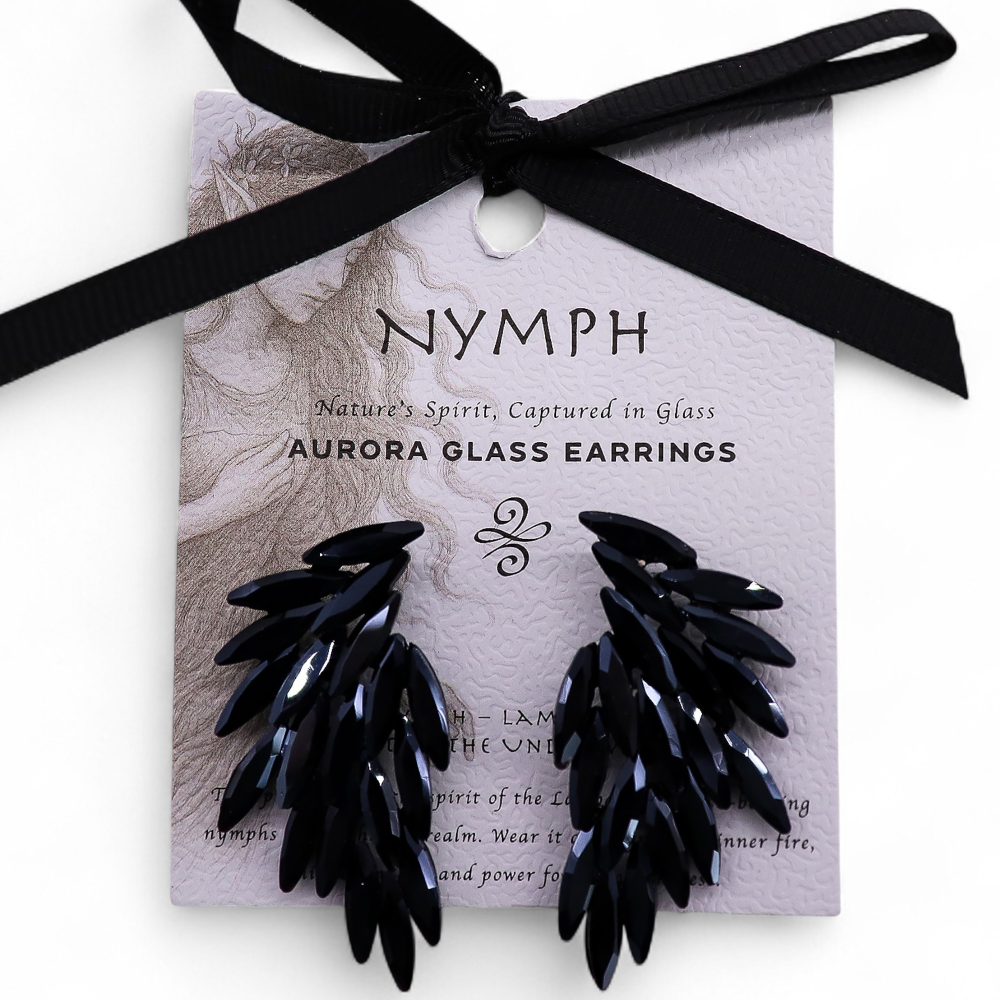 Boucles d'oreilles en verre vintage noir de jais, ailes d'ange.