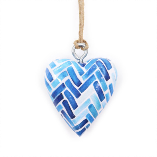Petit cœur décoratif en bois - Rayures bleues