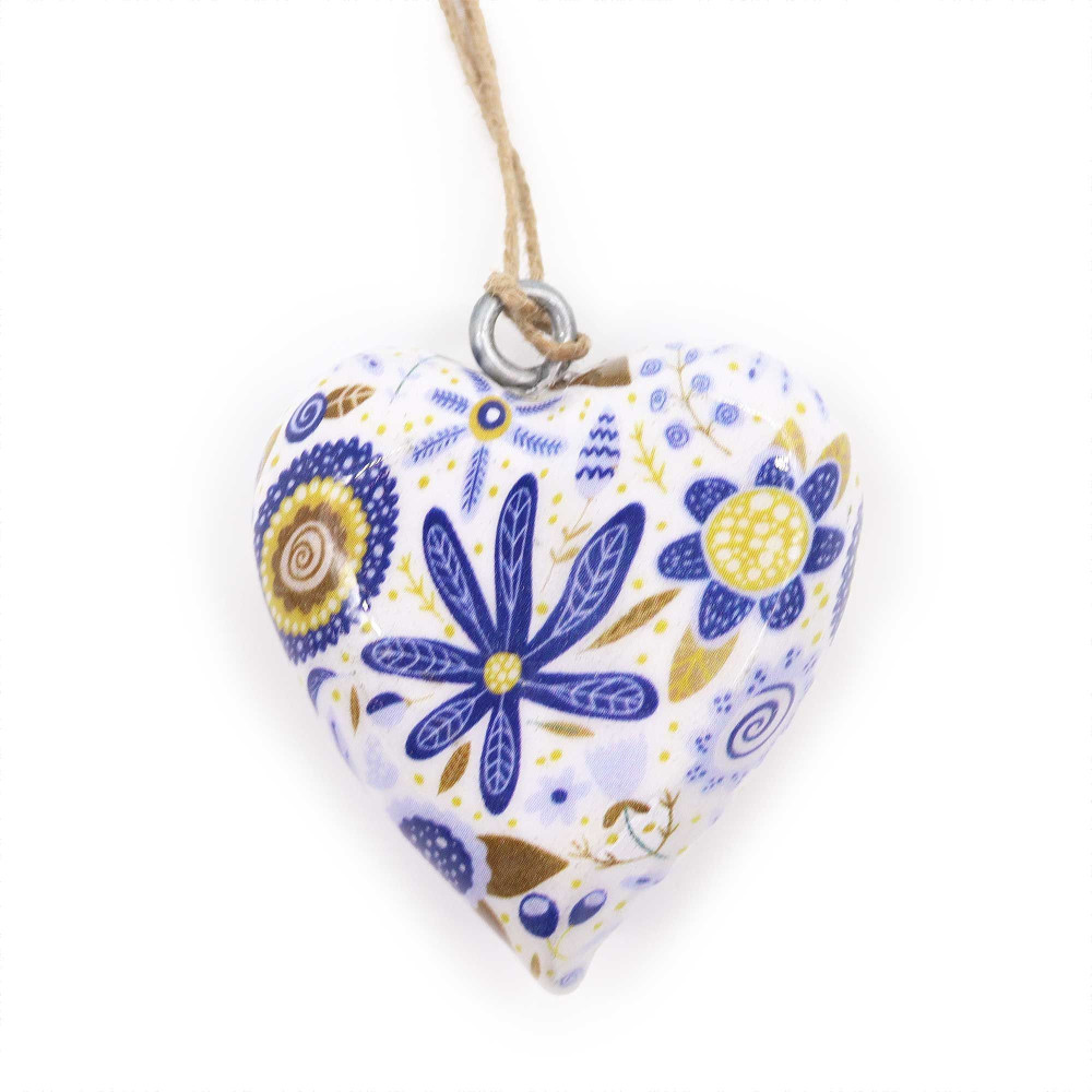 Grand cœur décoratif en bois - Motif floral bleu