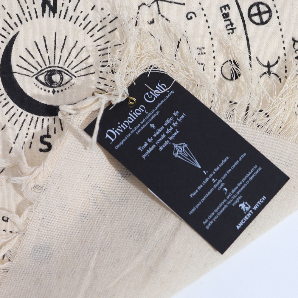 Tissu divinatoire à pendule de sorcière ancienne - Œil qui voit tout - Naturel et noir