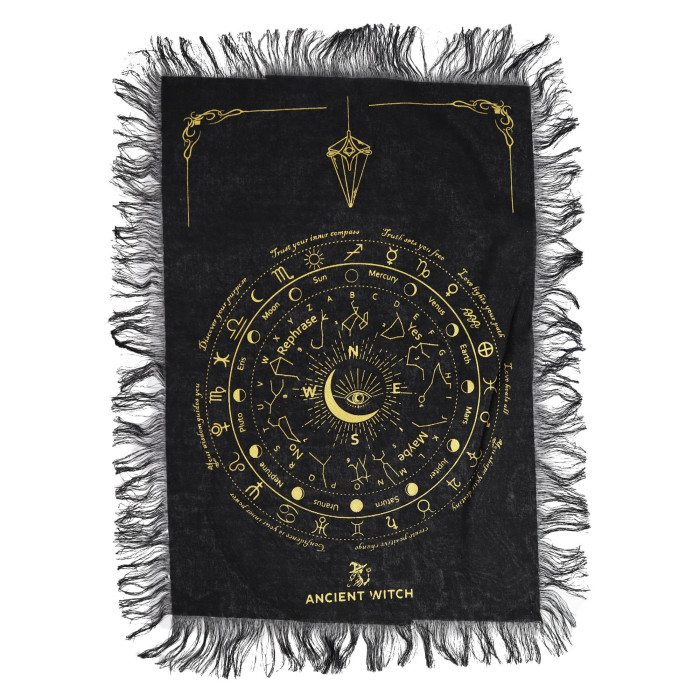 Tissu divinatoire à pendule de sorcière ancienne - Œil qui voit tout - Noir et or
