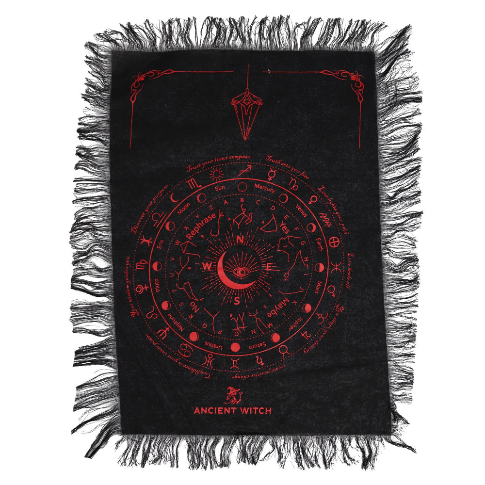 Tissu divinatoire à pendule de sorcière ancienne - Œil qui voit tout - Noir et rouge sang