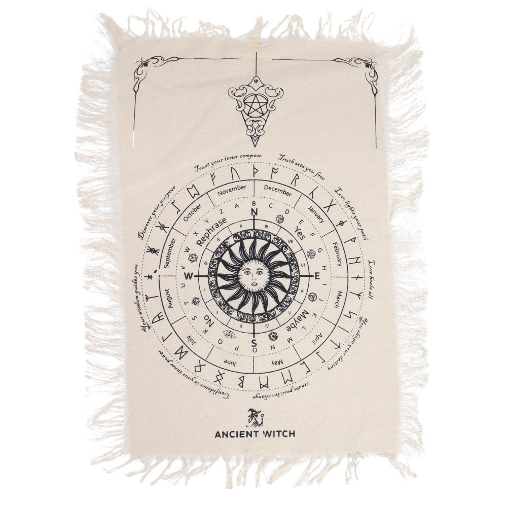 Tissu divinatoire à pendule de sorcière ancienne - Visage solaire - Naturel et noir