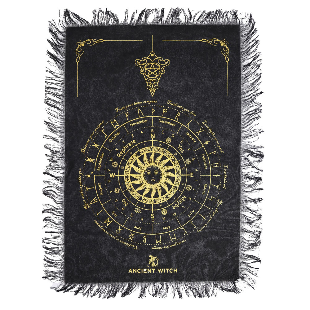 Pendule de sorcière ancienne - Tissu divinatoire - Visage solaire - Noir et or