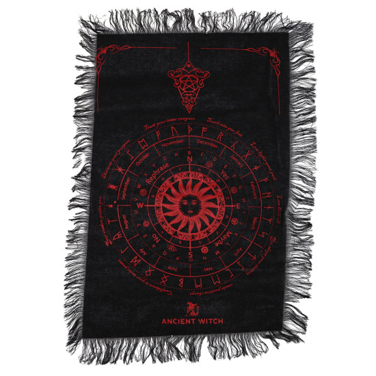 Tissu divinatoire à pendule de sorcière ancienne - Visage de soleil - Noir et rouge sang