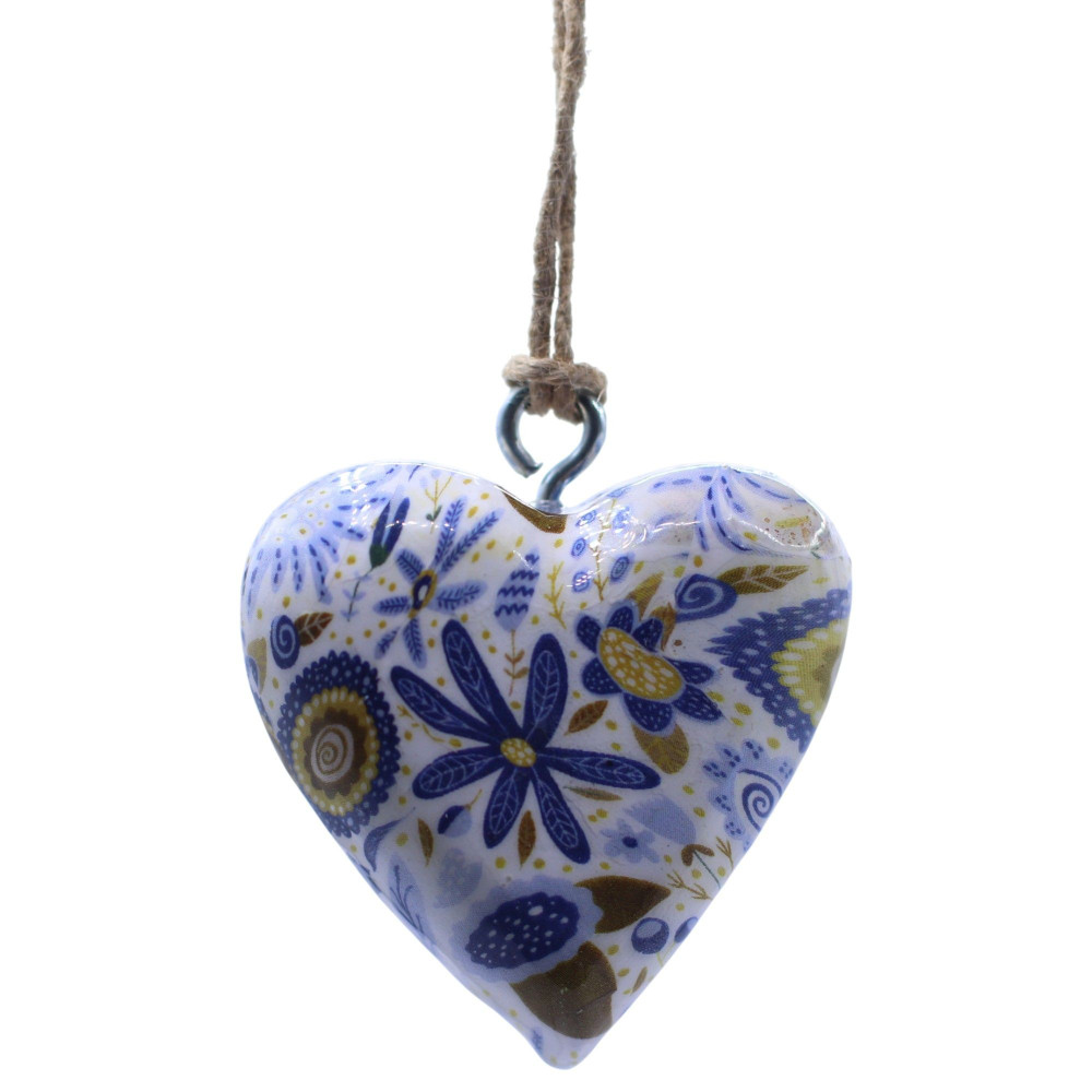 Grands cœurs décoratifs en bois - Motif floral bleu