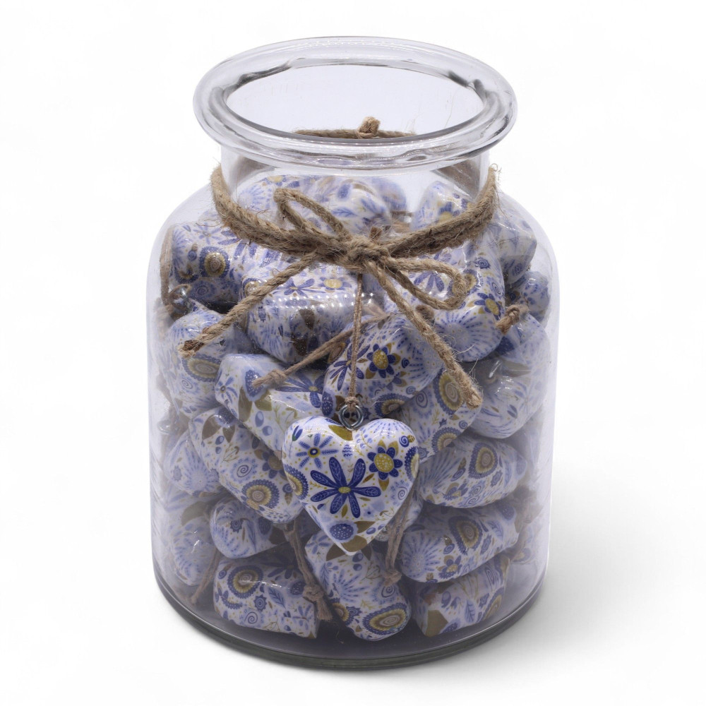Grands cœurs décoratifs en bois - Motif floral bleu