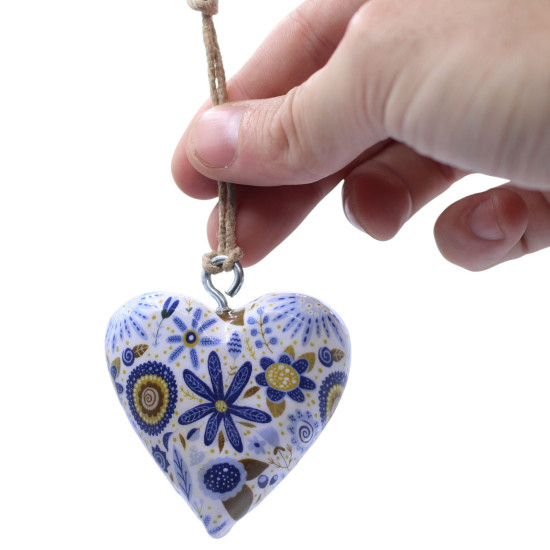 Grands cœurs décoratifs en bois - Motif floral bleu