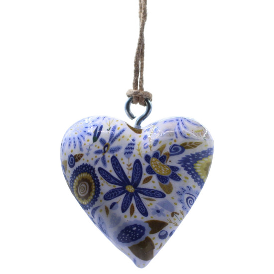 Grands cœurs décoratifs en bois - Motif floral bleu