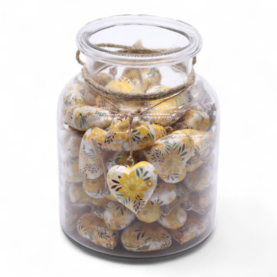 Grands cœurs décoratifs en bois - Motif floral jaune