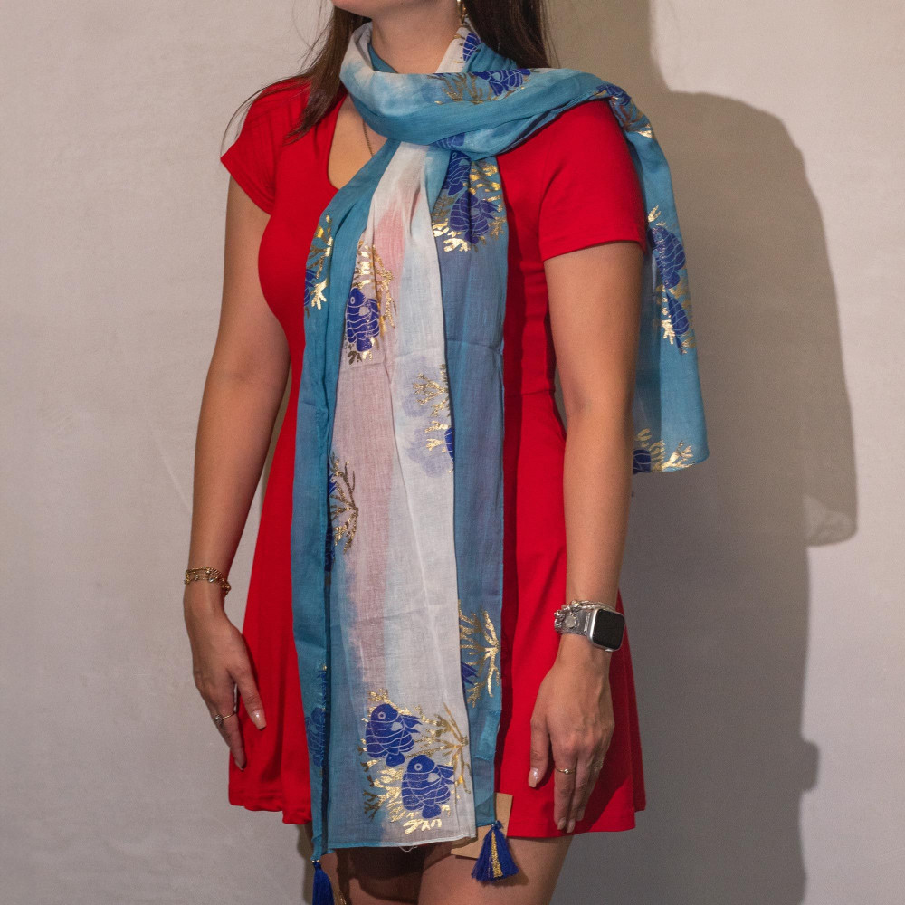 Écharpe Nomad Sari Aqua Fish - Bleu mer (180x50cm)