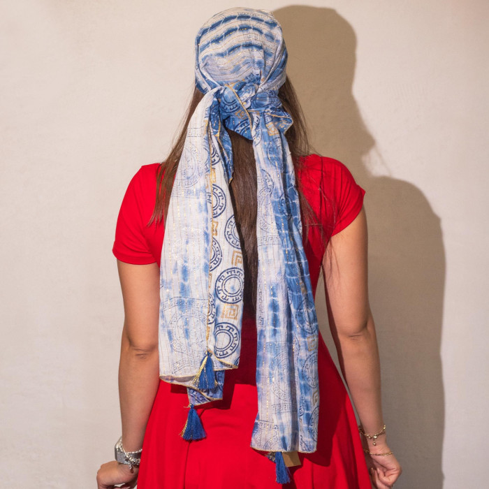 Écharpe Nomad Sari Summer Marbella Print - Bleu et or (180x50cm)