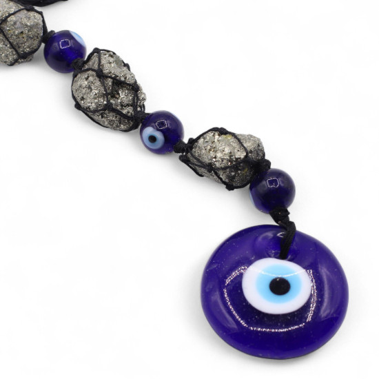 Pendentif en pierre suspendue - Pierres et perles de pirite - Œil protecteur